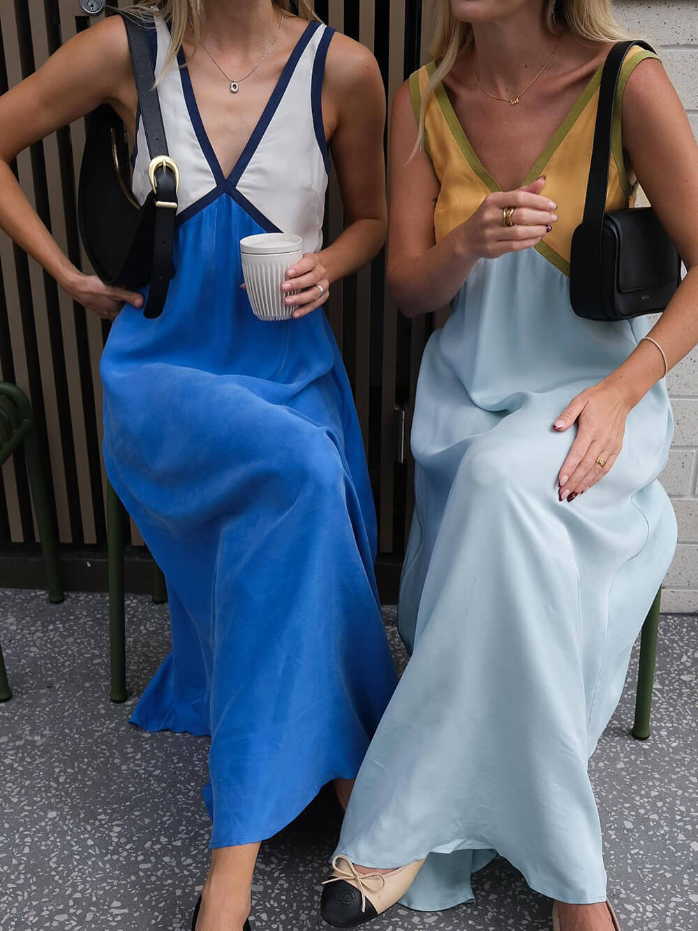Chic V-Neck Dress with Contrasting Color Block Design