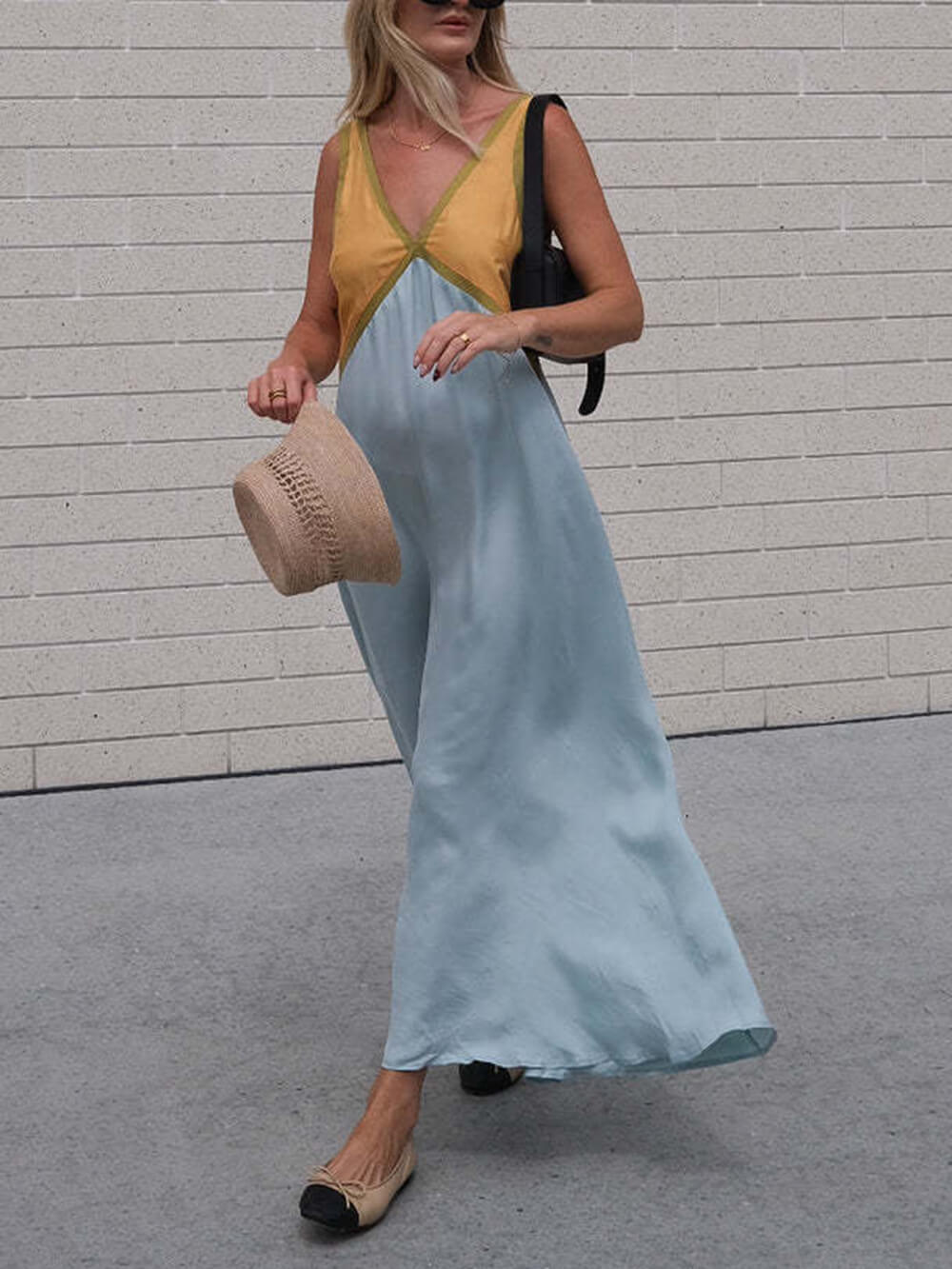 Chic V-Neck Dress with Contrasting Color Block Design