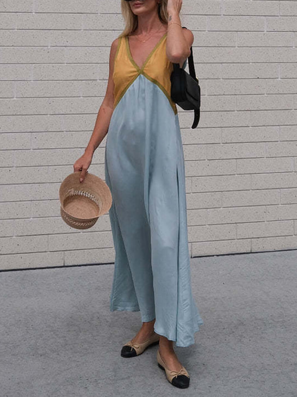 Chic V-Neck Dress with Contrasting Color Block Design