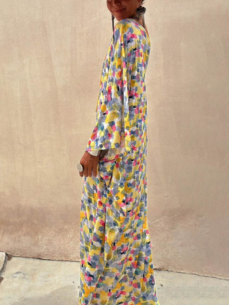 Relaxed Off-Shoulder Maxi Dress with Holiday Ink-Dye Print