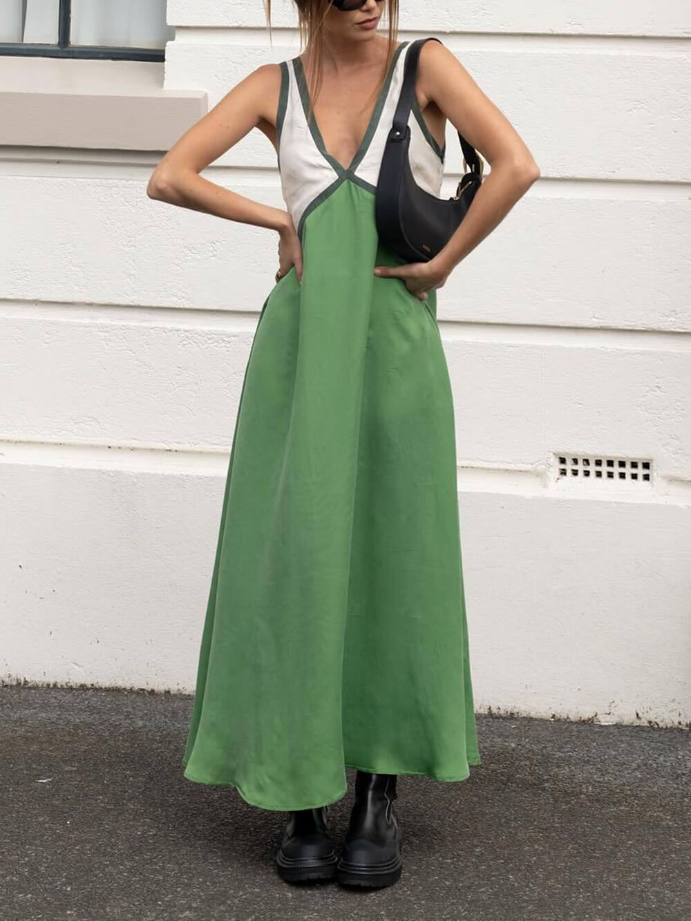 Chic V-Neck Dress with Contrasting Color Block Design