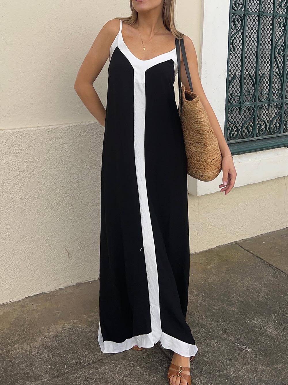 Colorblock Midi Dress with Suspenders