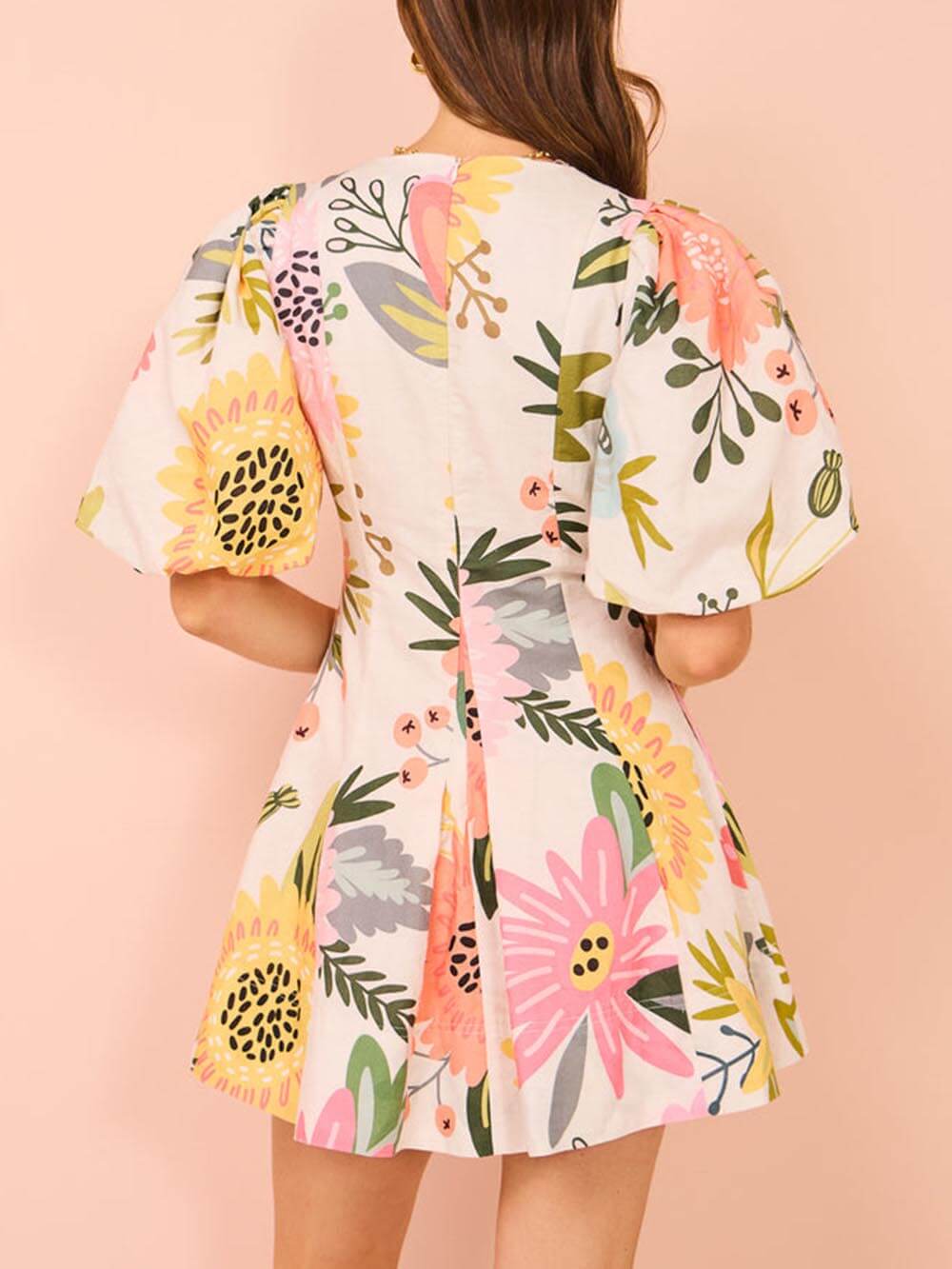 Floral Print Mini Dress with Puff Sleeves and Pockets