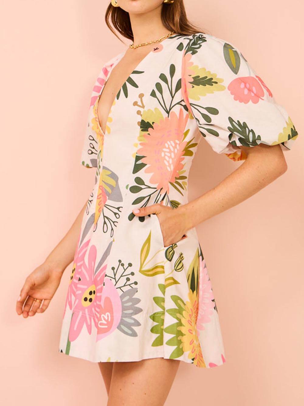 Floral Print Mini Dress with Puff Sleeves and Pockets