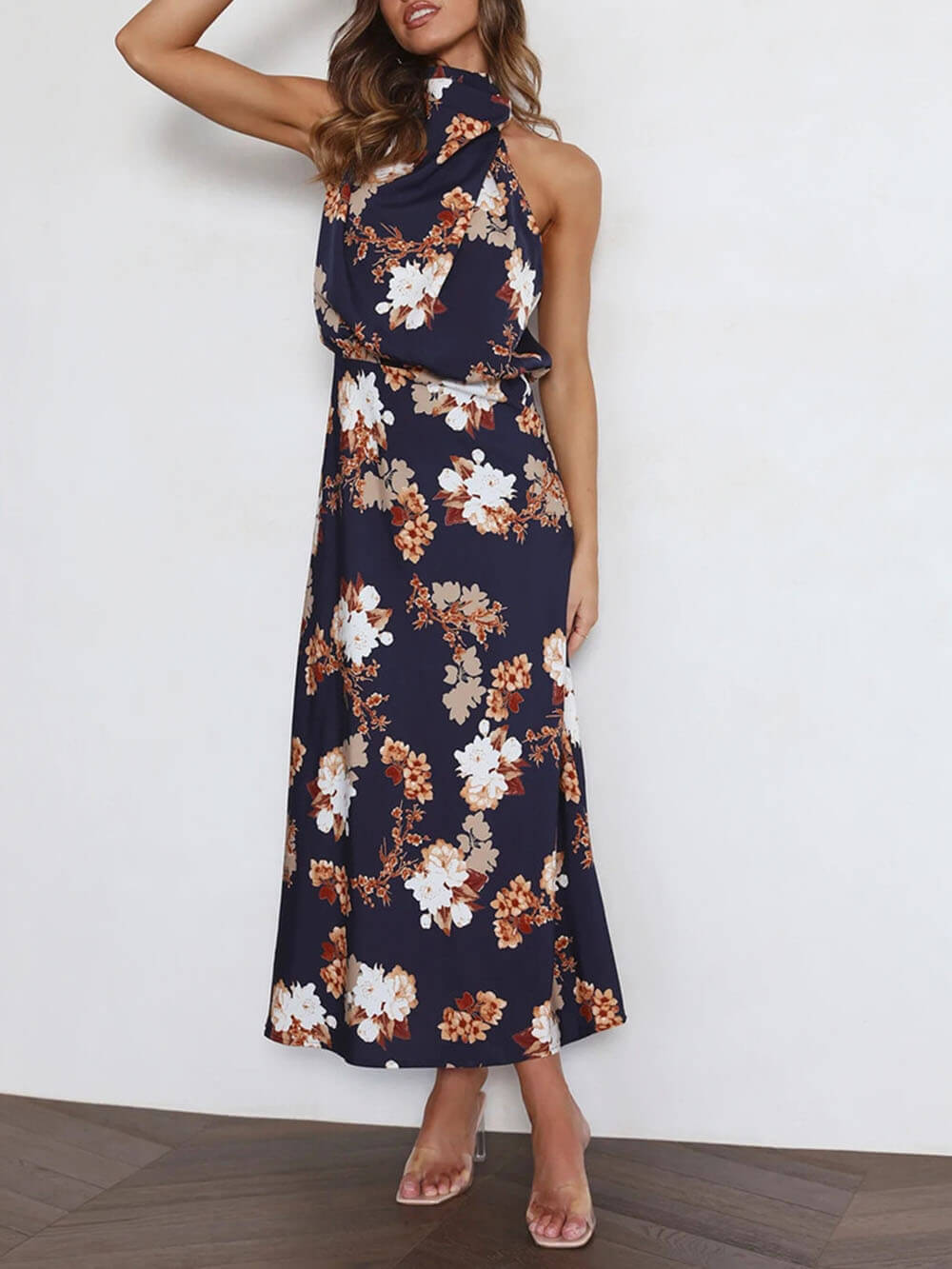 Floral Maxi Dress with Halter Neck and Elastic Waist