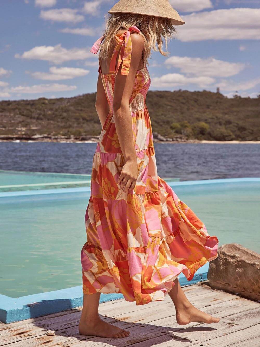 Pleated Stretch Cami Dress with Sleeveless Sea Charm Print