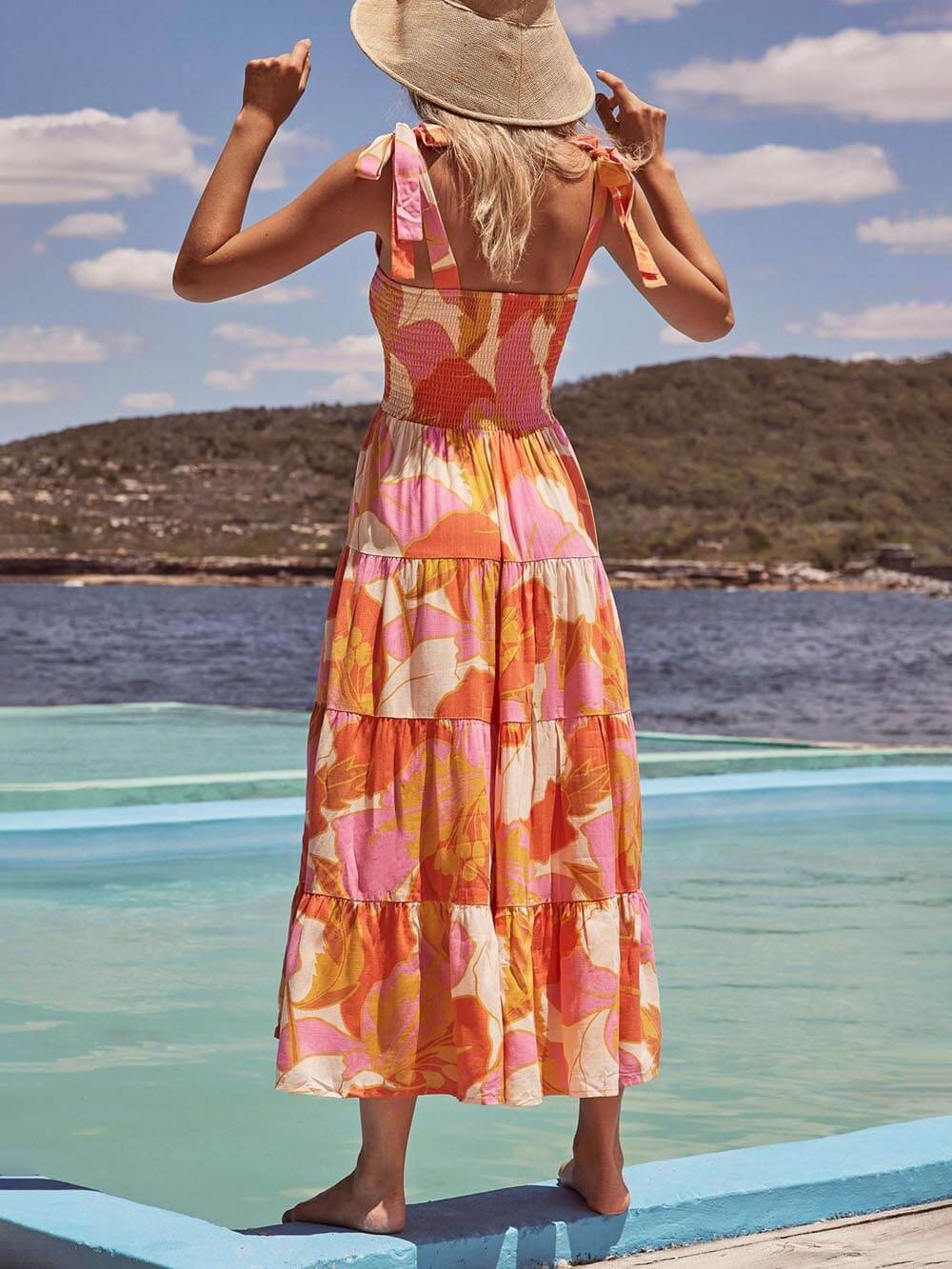Pleated Stretch Cami Dress with Sleeveless Sea Charm Print