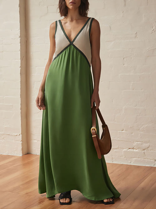Chic V-Neck Dress with Contrasting Color Block Design