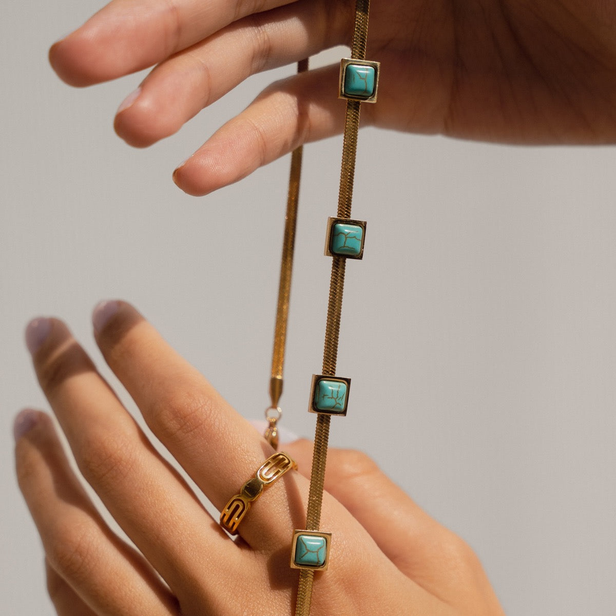 Aqua Stone Snake Chain Necklace - Gold