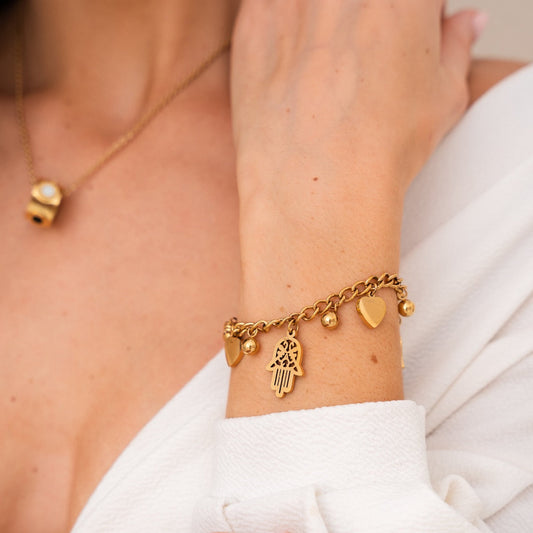 Hamsa Herz Charm Kettenarmband - Gold