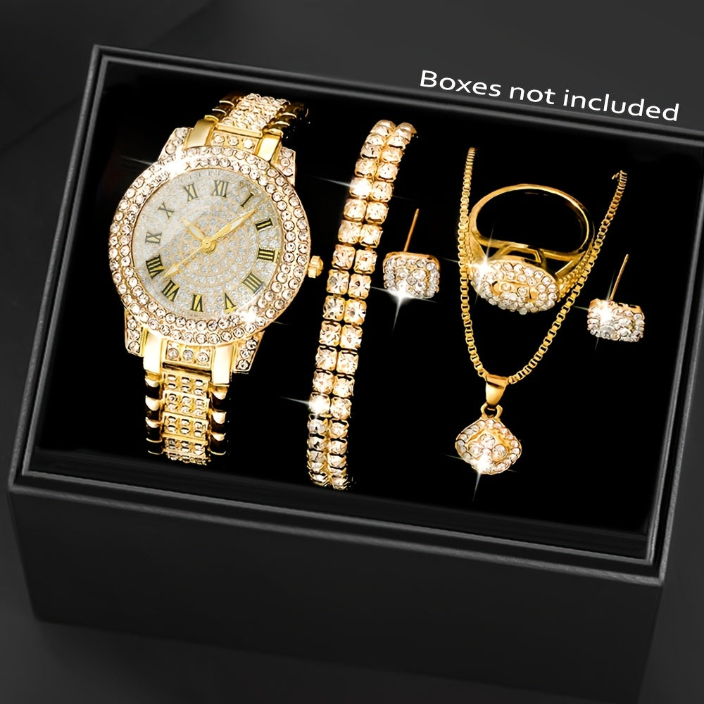 1pc Women's Fashion Luxury Quartz Watch + 6pcs Jewelry