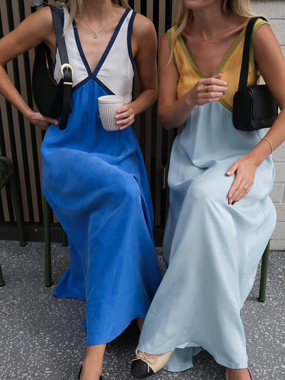 Chic V-Neck Dress with Contrasting Color Block Design