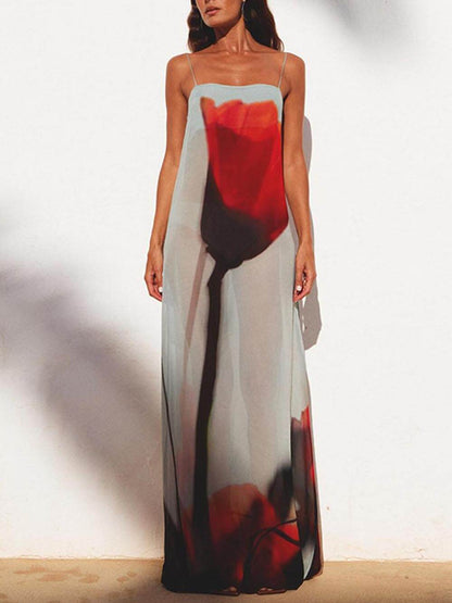 Abstract Tulip Print H-Line Maxi Dress for Vacation