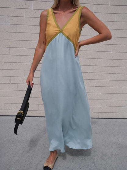 Chic V-Neck Dress with Contrasting Color Block Design