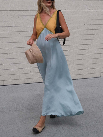 Chic V-Neck Dress with Contrasting Color Block Design