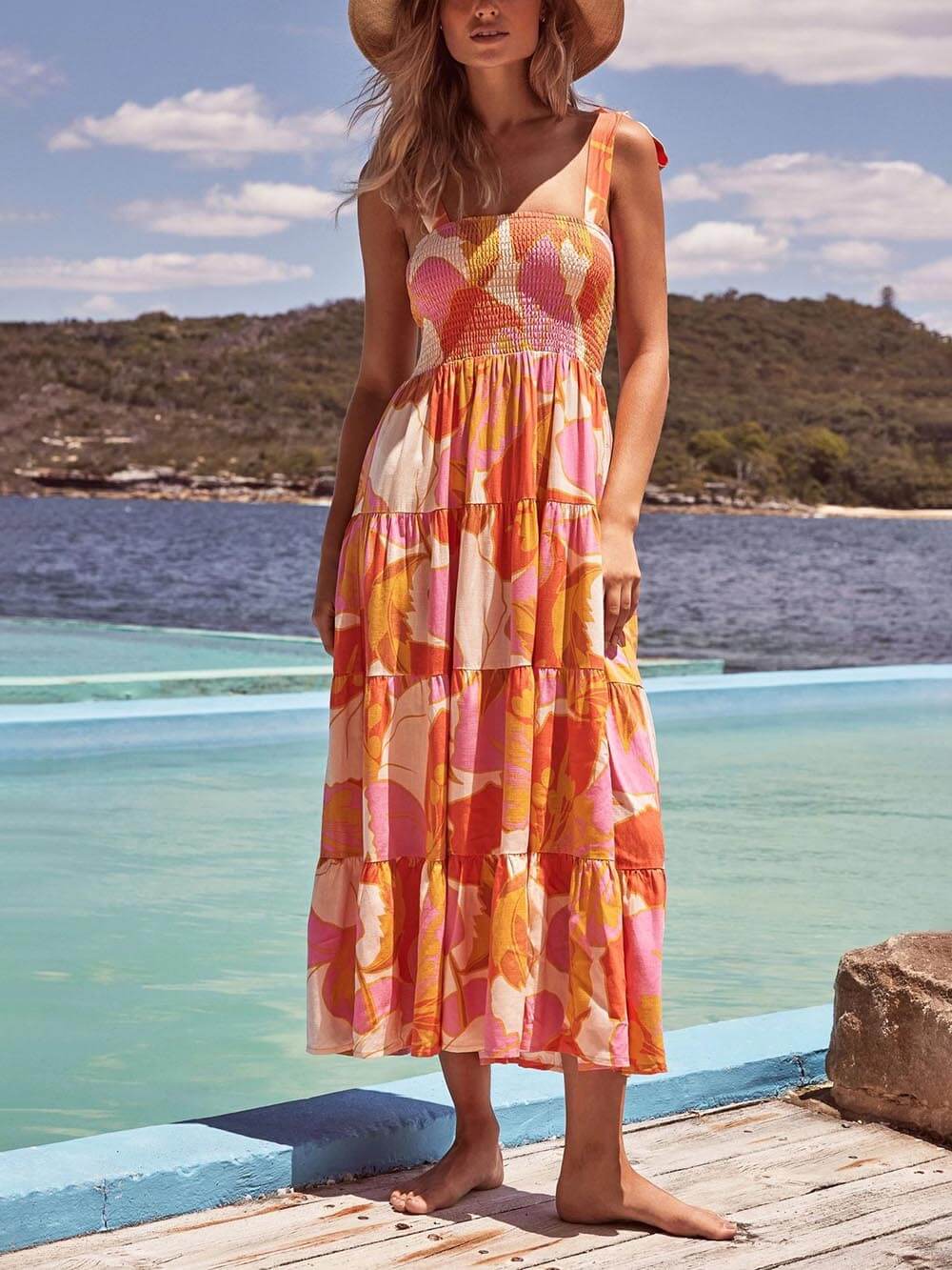 Pleated Stretch Cami Dress with Sleeveless Sea Charm Print
