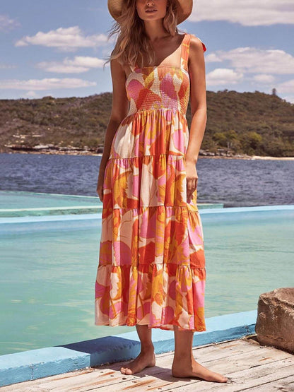 Pleated Stretch Cami Dress with Sleeveless Sea Charm Print