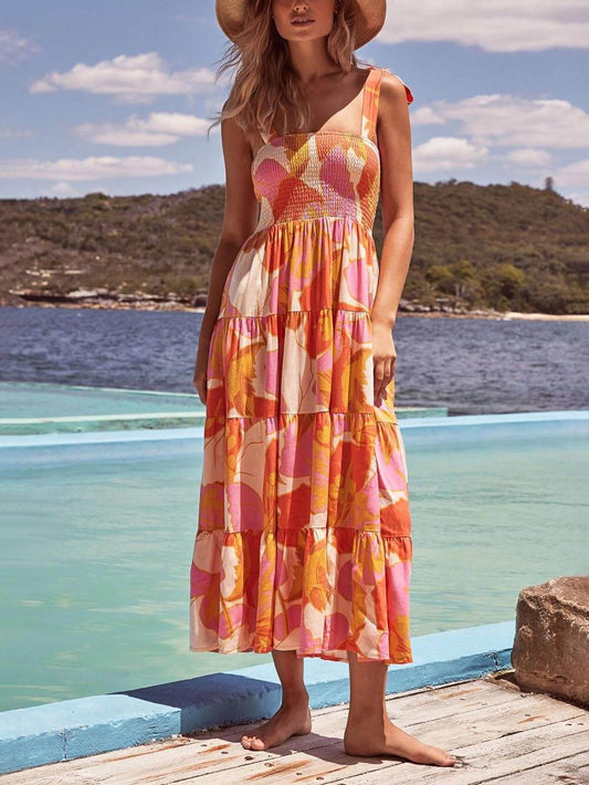 Pleated Stretch Cami Dress with Sleeveless Sea Charm Print