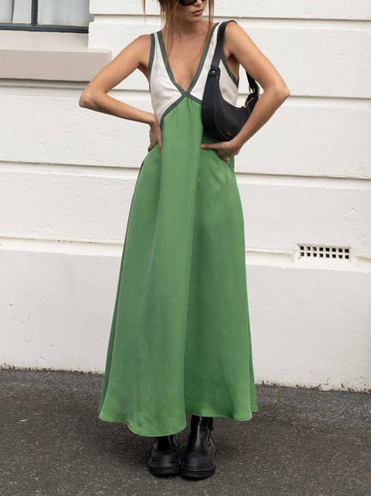 Chic V-Neck Dress with Contrasting Color Block Design
