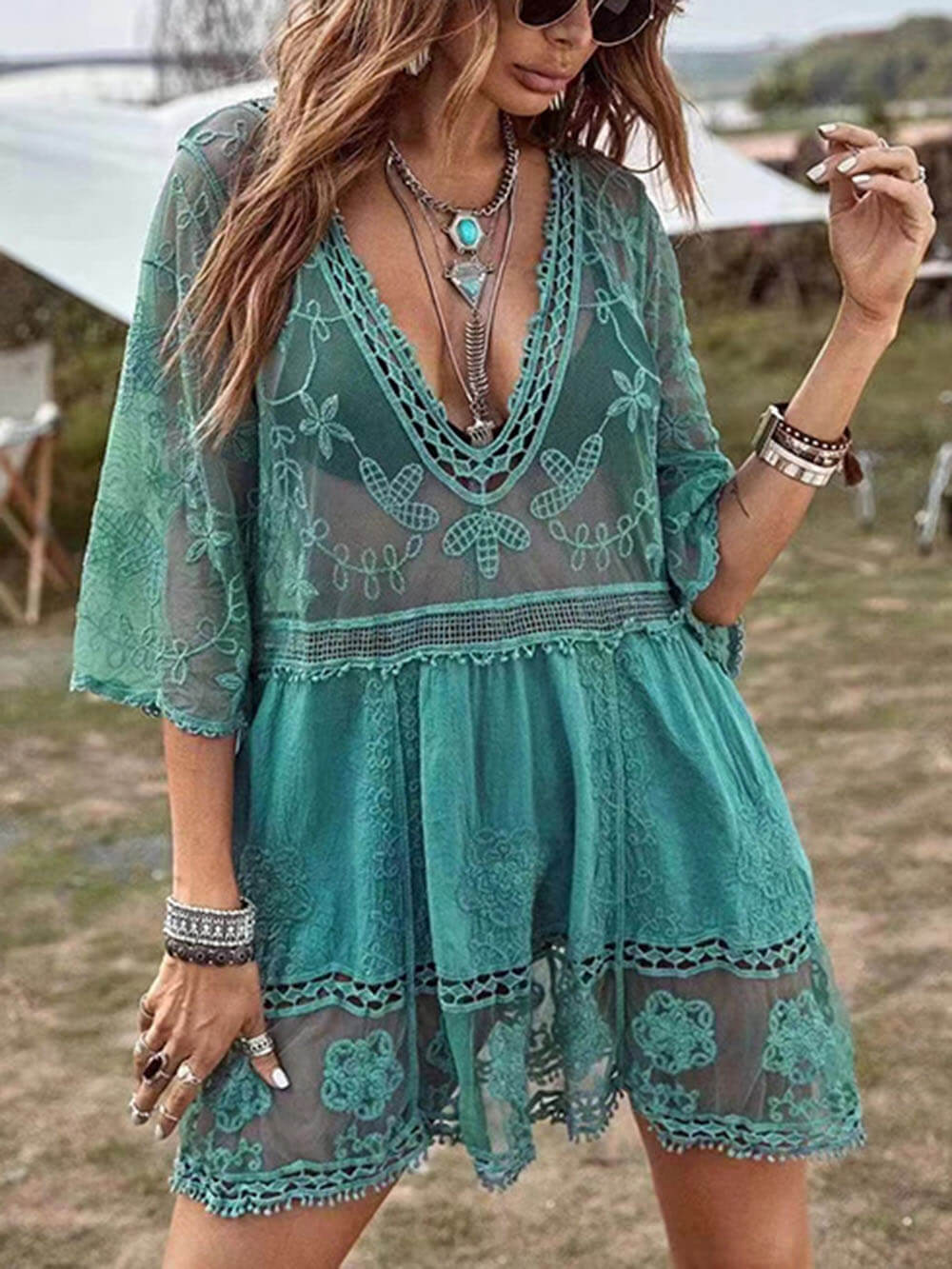 Flowy Lace Beach Vacation Bikini Cover-Up Dress