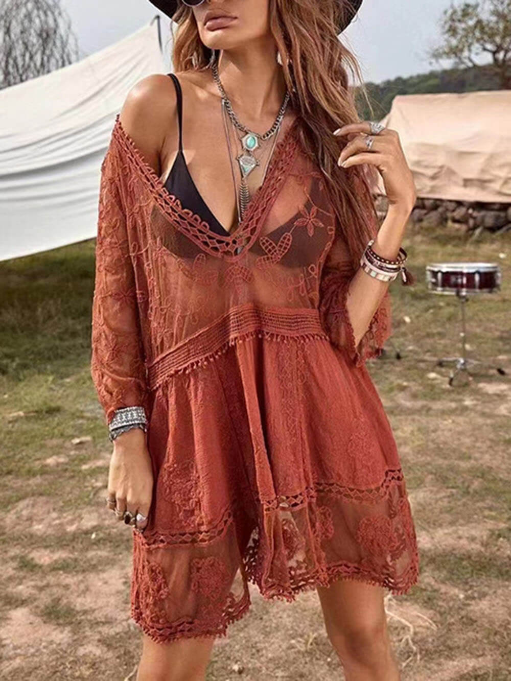 Flowy Lace Beach Vacation Bikini Cover-Up Dress