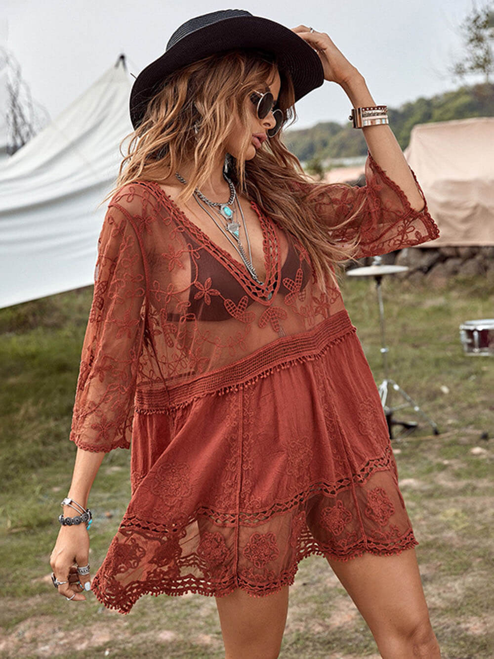 Flowy Lace Beach Vacation Bikini Cover-Up Dress