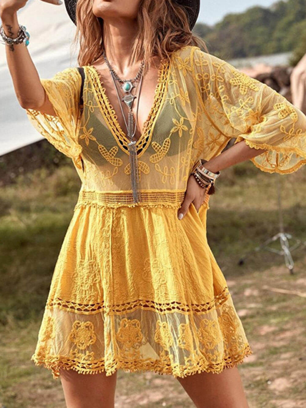Flowy Lace Beach Vacation Bikini Cover-Up Dress