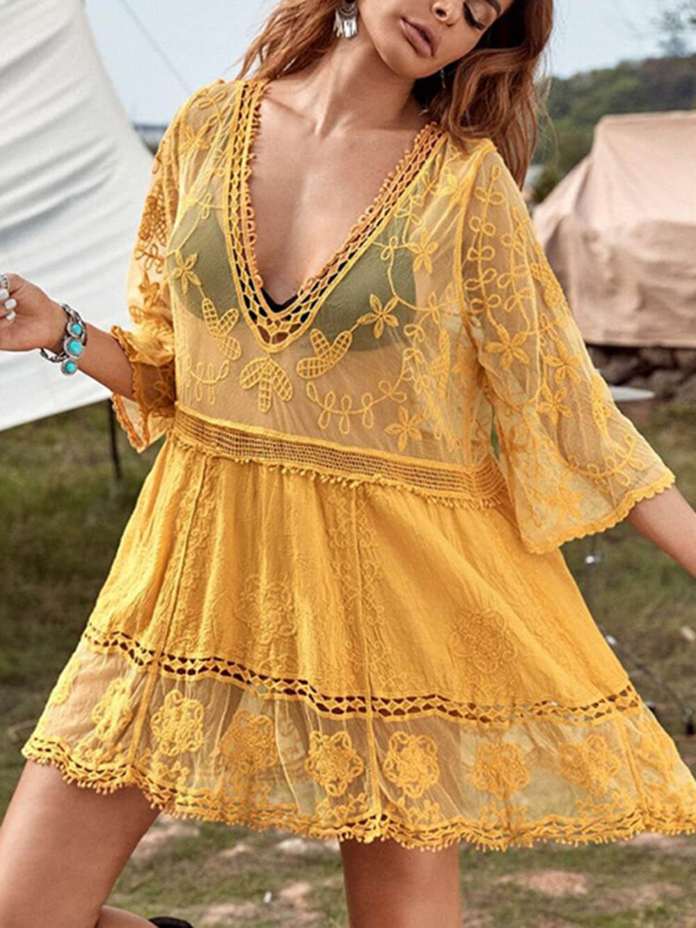 Flowy Lace Beach Vacation Bikini Cover-Up Dress