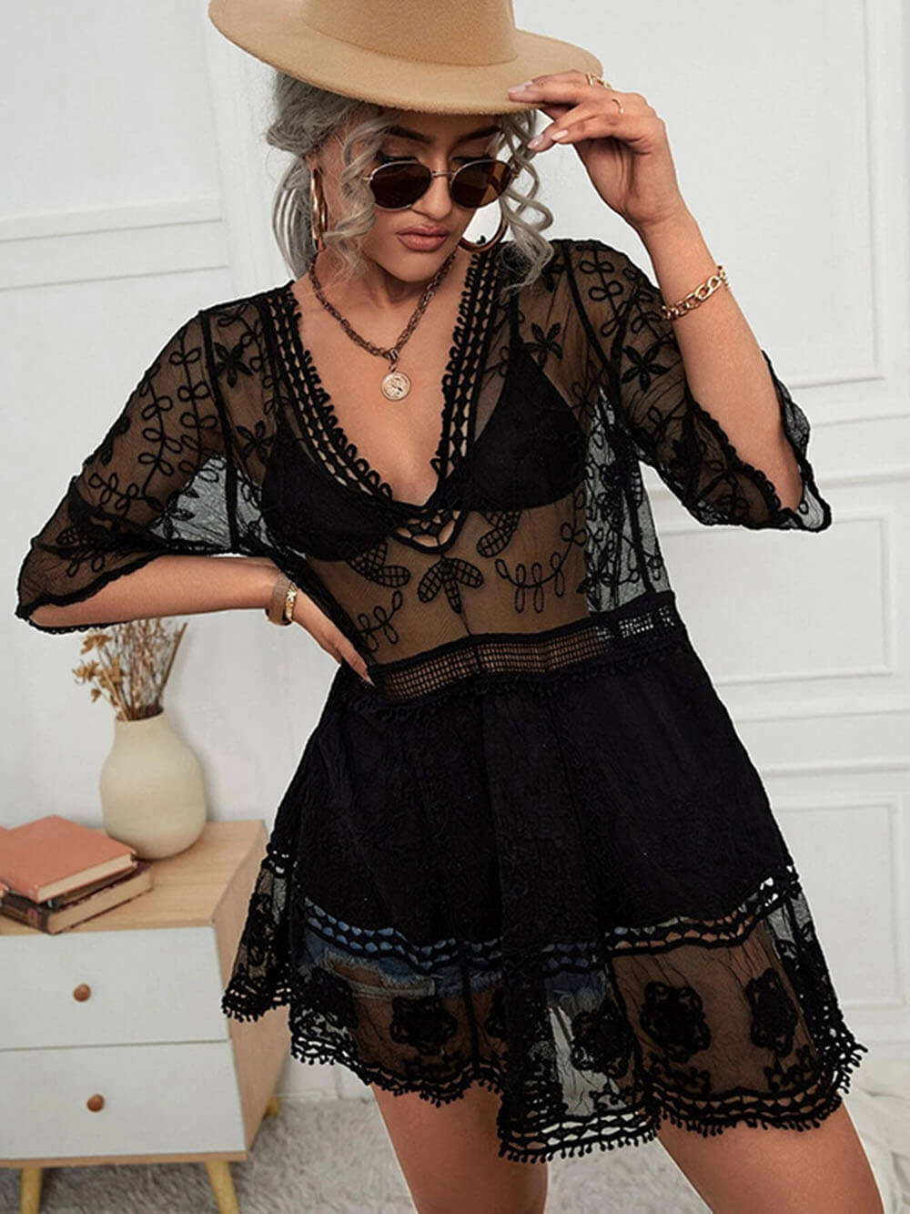 Flowy Lace Beach Vacation Bikini Cover-Up Dress