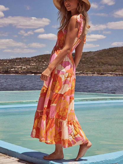 Pleated Stretch Cami Dress with Sleeveless Sea Charm Print