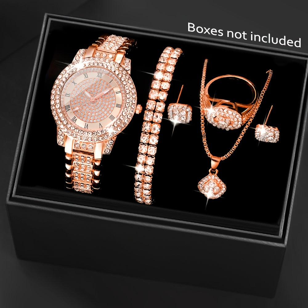 1pc Women's Fashion Luxury Quartz Watch + 6pcs Jewelry