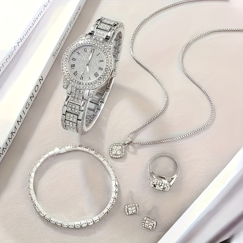 1pc Women's Fashion Luxury Quartz Watch + 6pcs Jewelry