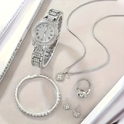 1pc Women's Fashion Luxury Quartz Watch + 6pcs Jewelry