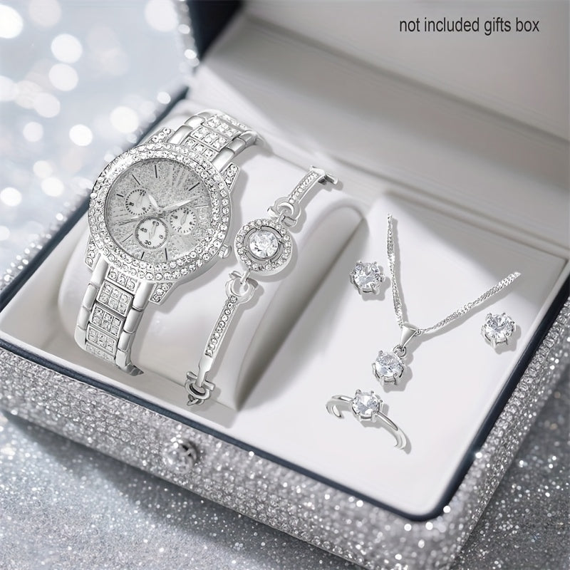 6 neue wunderschöne und modische silberne Quarzuhren für Damen + neues silbernes Schmuckset für Valentinstag, Ostern, Ramadan, Hochzeit, Geburtstagsfeier, Weihnachtshorror, Halloween, Geschenke für Freunde zum Fest des Fastenbrechens