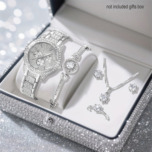 6 neue wunderschöne und modische silberne Quarzuhren für Damen + neues silbernes Schmuckset für Valentinstag, Ostern, Ramadan, Hochzeit, Geburtstagsfeier, Weihnachtshorror, Halloween, Geschenke für Freunde zum Fest des Fastenbrechens