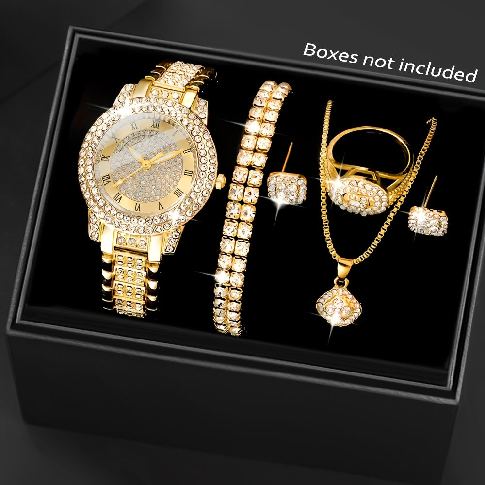 1pc Women's Fashion Luxury Quartz Watch + 6pcs Jewelry